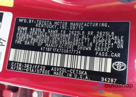 2012 Toyota Camry Se z USA, uszkodzony, nr VIN 4T1BF1FK7CU617734